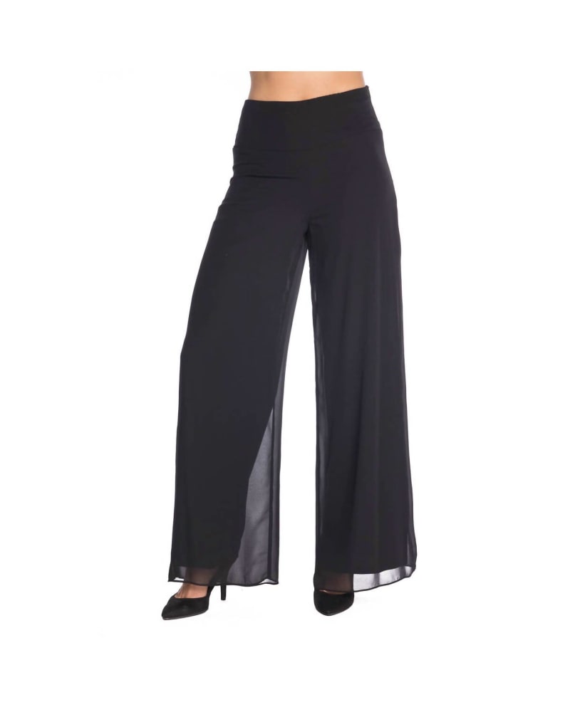 Front of a model wearing a size x-large Chiffon Wide Leg Pant in Black in Black by LAST TANGO. | dia_product_style_image_id:339455